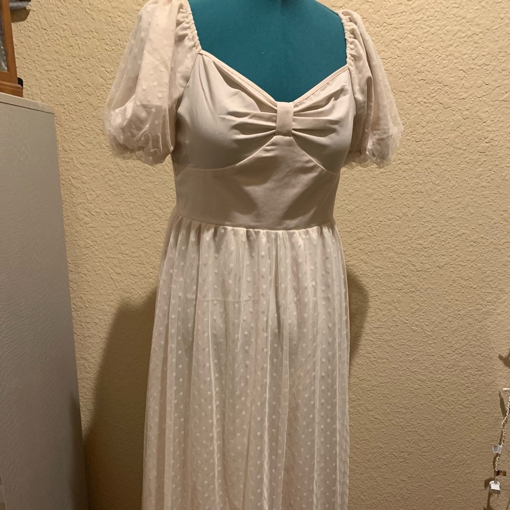 SHEIN Off-White Dress with Puff Sleeves and Polka Overlay
